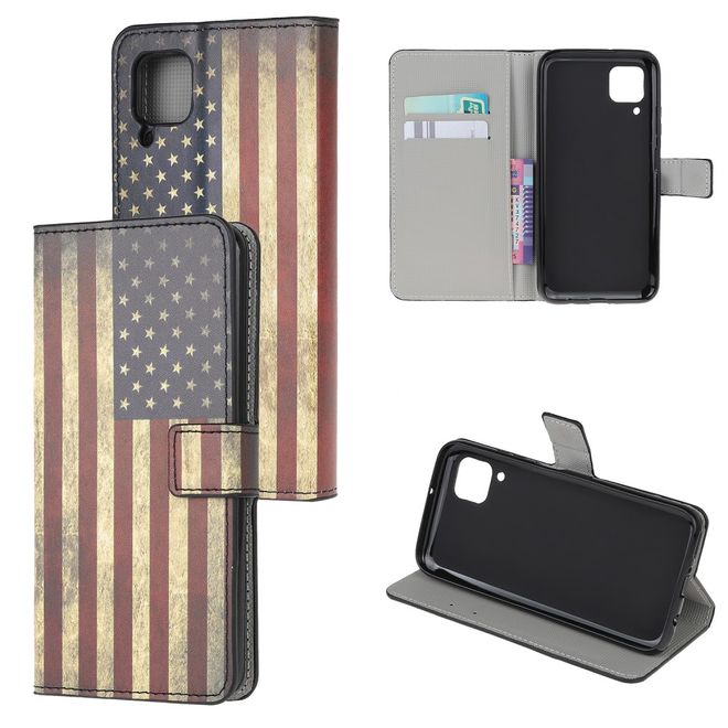 Huawei P40 Lite Handy Hülle - Leder Bookcover Image Series - Retro USA Flagge