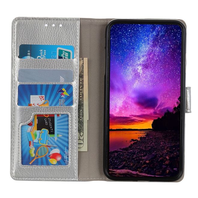 OnePlus 8 Handy Hülle - Litchi Leder Bookcover II Series - silber