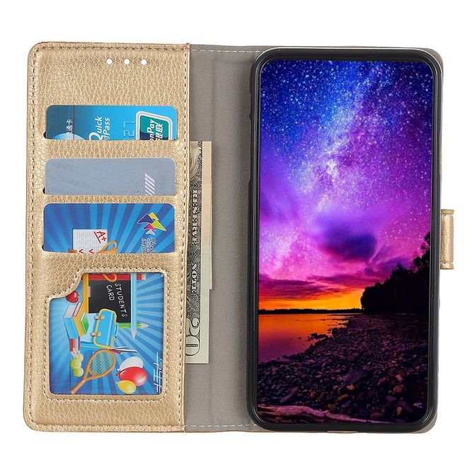 OnePlus 8 Handy Hülle - Litchi Leder Bookcover II Series - gold