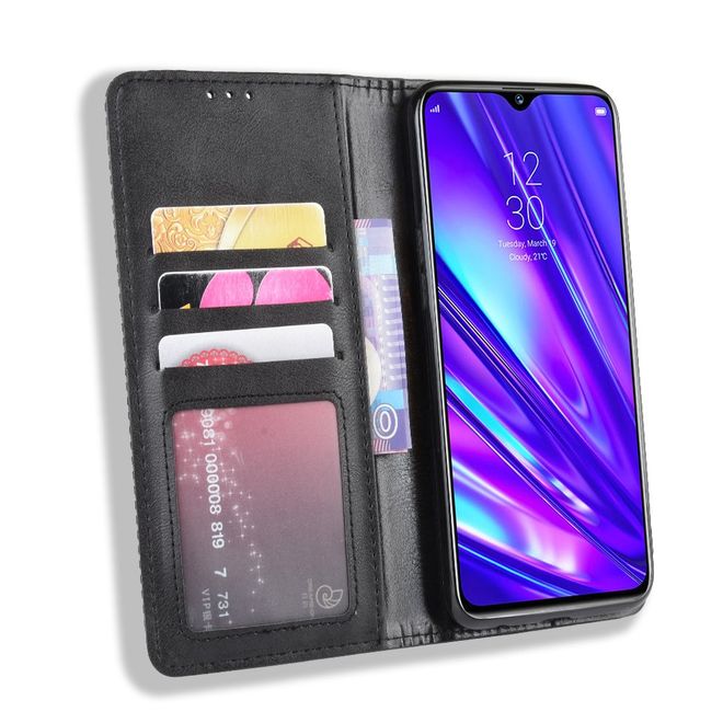 Oppo Realme 5 Pro Handy Hülle - Retro Leder Bookcover Series - schwarz