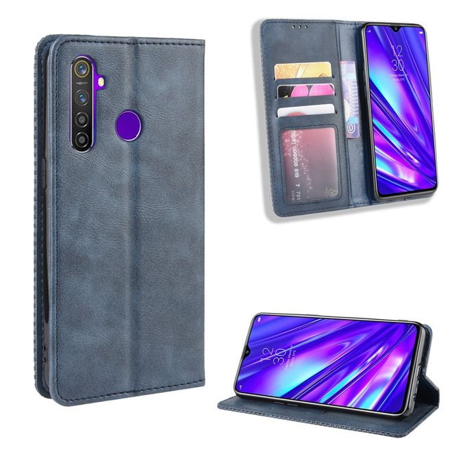 Oppo Realme 5 Pro Handy Hülle - Retro Leder Bookcover Series - blau