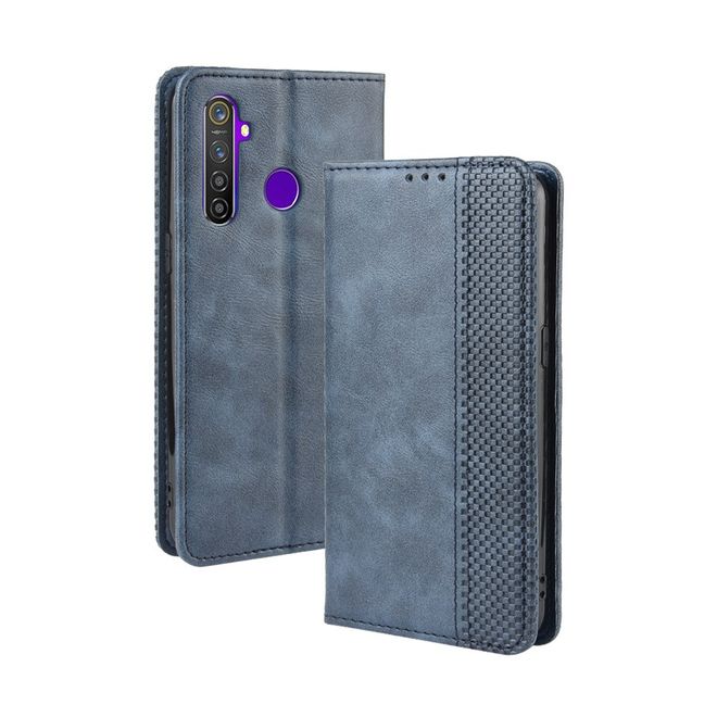 Oppo Realme 5 Pro Handy Hülle - Retro Leder Bookcover Series - blau