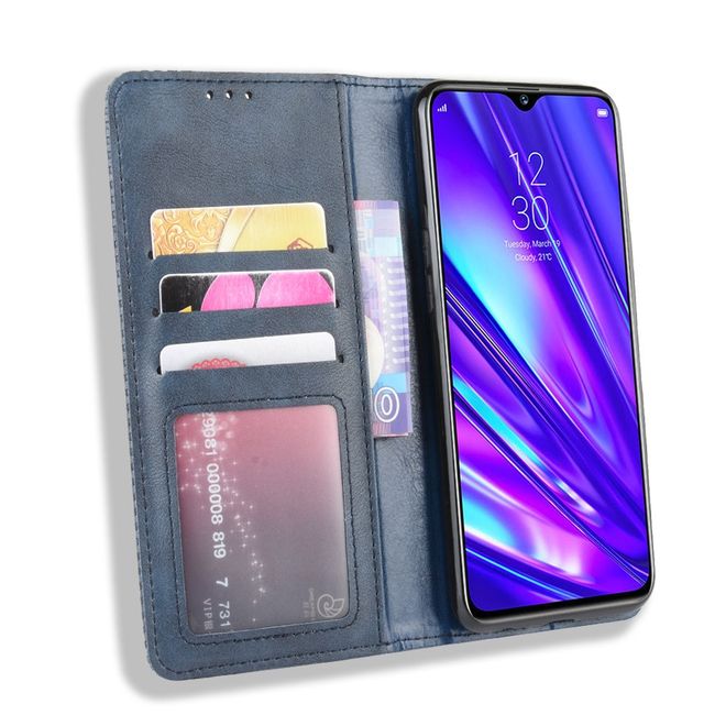 Oppo Realme 5 Pro Handy Hülle - Retro Leder Bookcover Series - blau