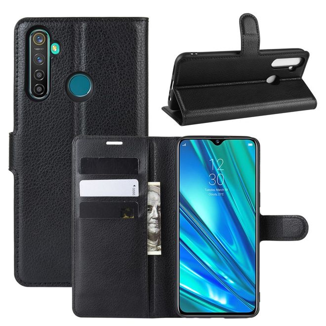 Oppo Realme 5 Pro Handy Hülle - Litchi Leder Bookcover Series - schwarz