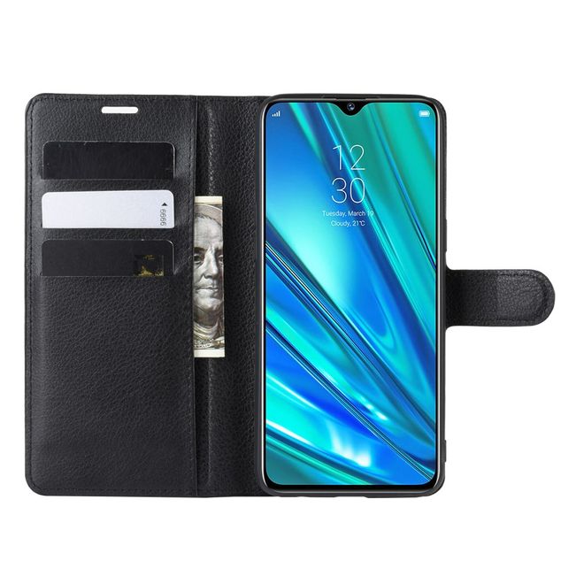 Oppo Realme 5 Pro Handy Hülle - Litchi Leder Bookcover Series - schwarz
