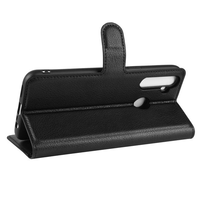 Oppo Realme 5 Pro Handy Hülle - Litchi Leder Bookcover Series - schwarz