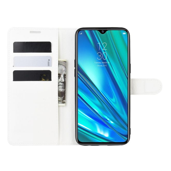 Oppo Realme 5 Pro Handy Hülle - Litchi Leder Bookcover Series - weiss