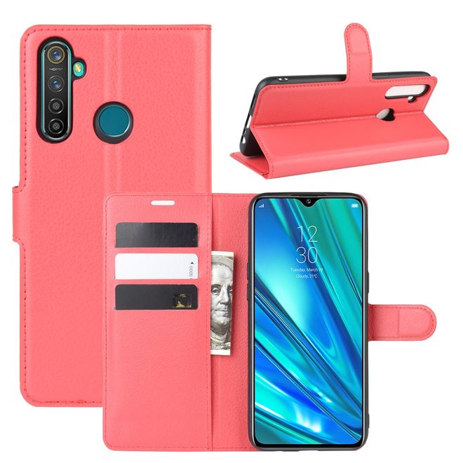 Oppo Realme 5 Pro Handy Hülle - Litchi Leder Bookcover Series - rot