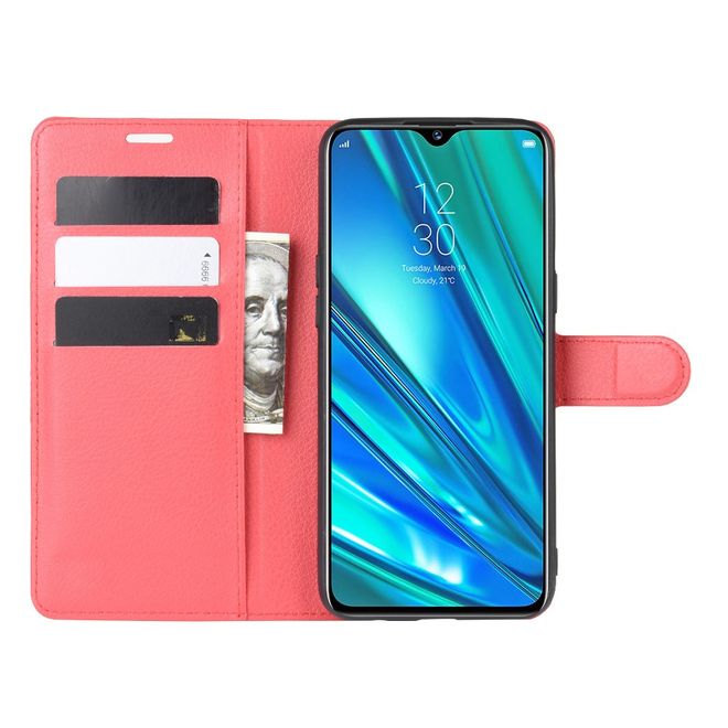 Oppo Realme 5 Pro Handy Hülle - Litchi Leder Bookcover Series - rot