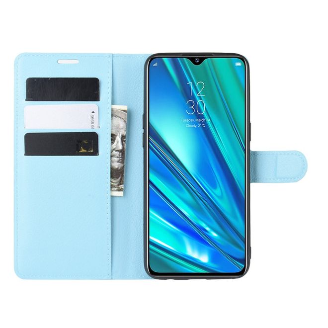 Oppo Realme 5 Pro Handy Hülle - Litchi Leder Bookcover Series - blau