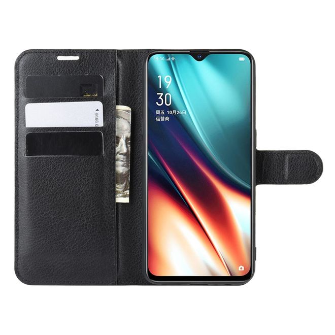 Oppo Realme XT / X2 Handy Hülle - Litchi Leder Bookcover Series - schwarz