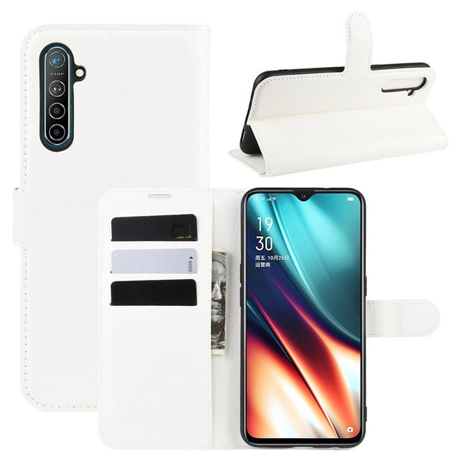 Oppo Realme XT / X2 Handy Hülle - Litchi Leder Bookcover Series - weiss
