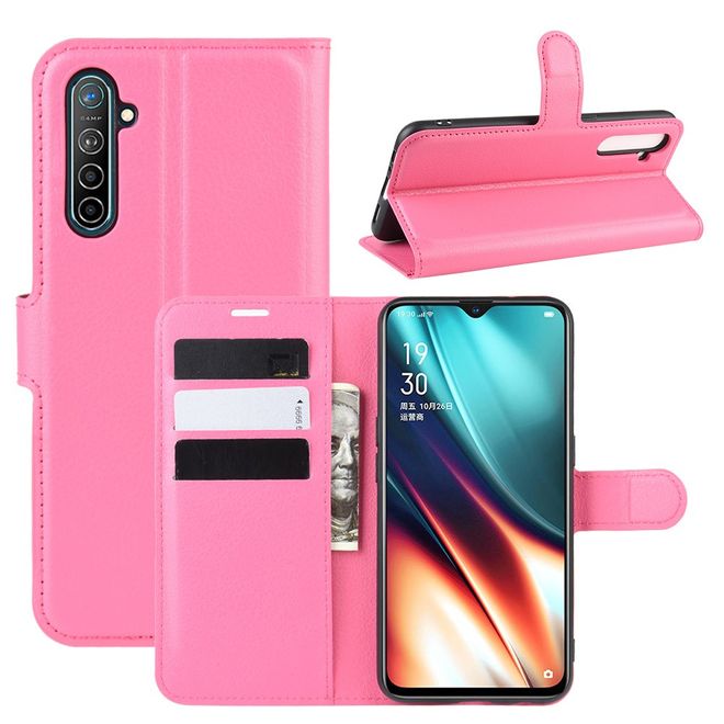 Oppo Realme XT / X2 Handy Hülle - Litchi Leder Bookcover Series - rosa
