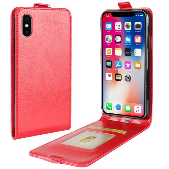 Étui pour iPhone XS/X - Étui à rabat vertical en cuir Crazy Horse - Rouge
