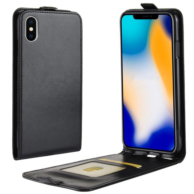iPhone XS Max Handyhülle - Crazy Horse Leder Flipcase - vertikal - schwarz