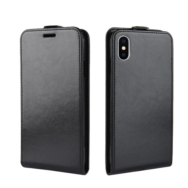 iPhone XS Max Handyhülle - Crazy Horse Leder Flipcase - vertikal - schwarz