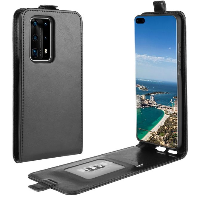 Huawei P40 Pro Plus Handyhülle - Crazy Horse Leder Flipcase - vertikal - schwarz