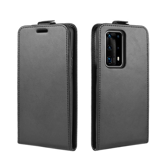 Huawei P40 Pro Plus Handyhülle - Crazy Horse Leder Flipcase - vertikal - schwarz