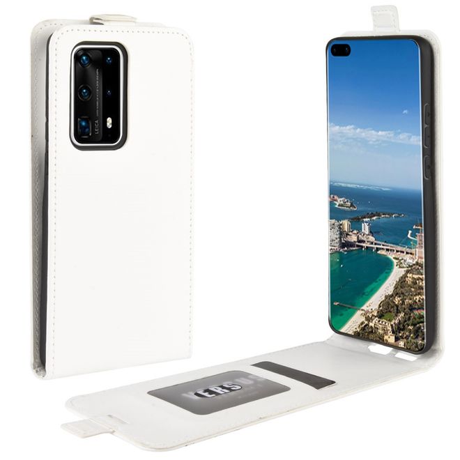 Huawei P40 Pro Plus Handyhülle - Crazy Horse Leder Flipcase - vertikal - weiss