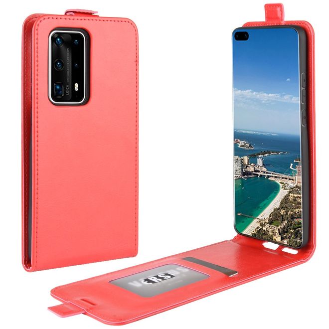Huawei P40 Pro Plus Handyhülle - Crazy Horse Leder Flipcase - vertikal - rot