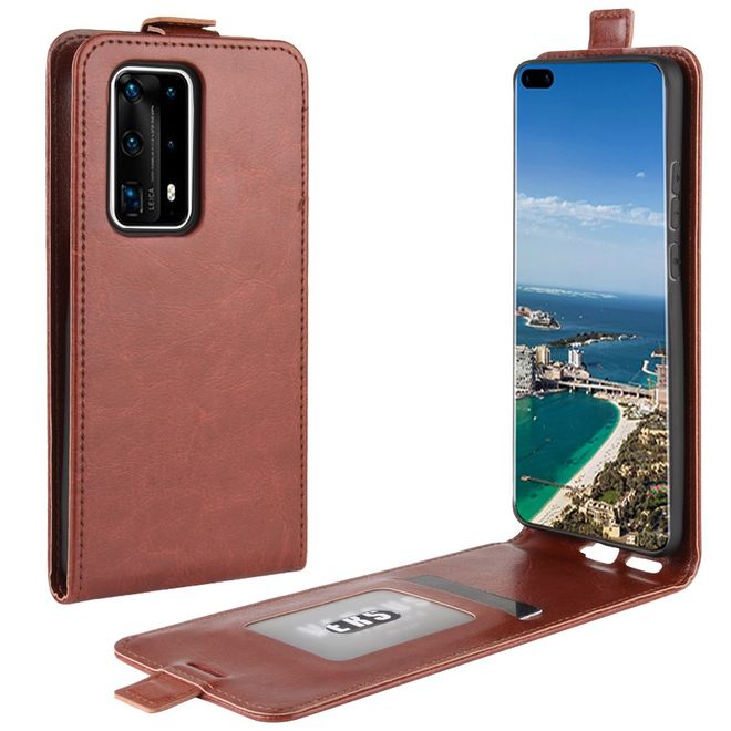 Huawei P40 Pro Plus Handyhülle - Crazy Horse Leder Flipcase - vertikal - braun
