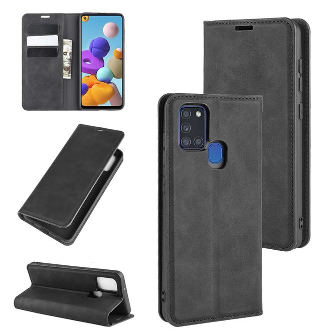 Samsung Galaxy A21s Handy Hülle - Classic V Leder Bookcover Series - schwarz