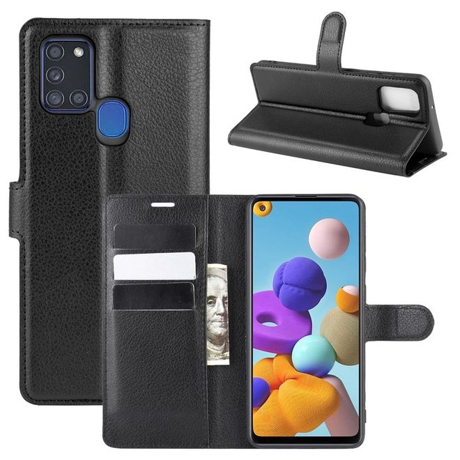 Samsung Galaxy A21s Handy Hülle - Litchi Leder Bookcover Series - schwarz