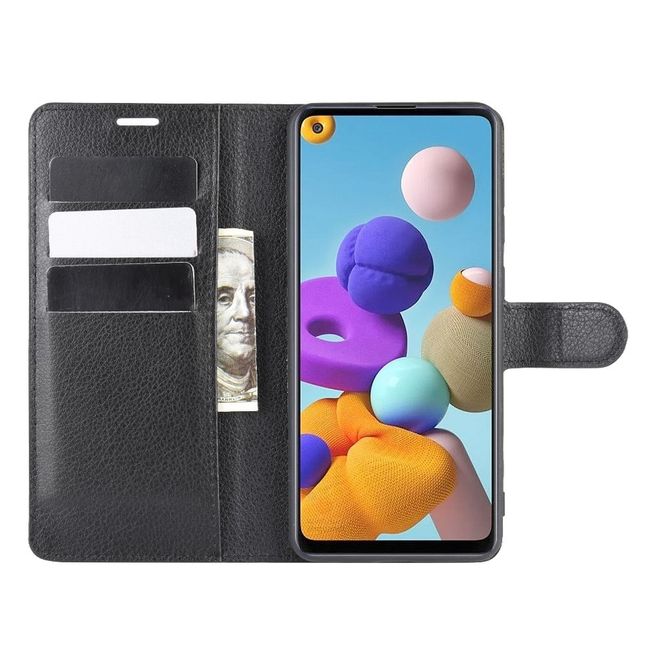 Samsung Galaxy A21s Handy Hülle - Litchi Leder Bookcover Series - schwarz