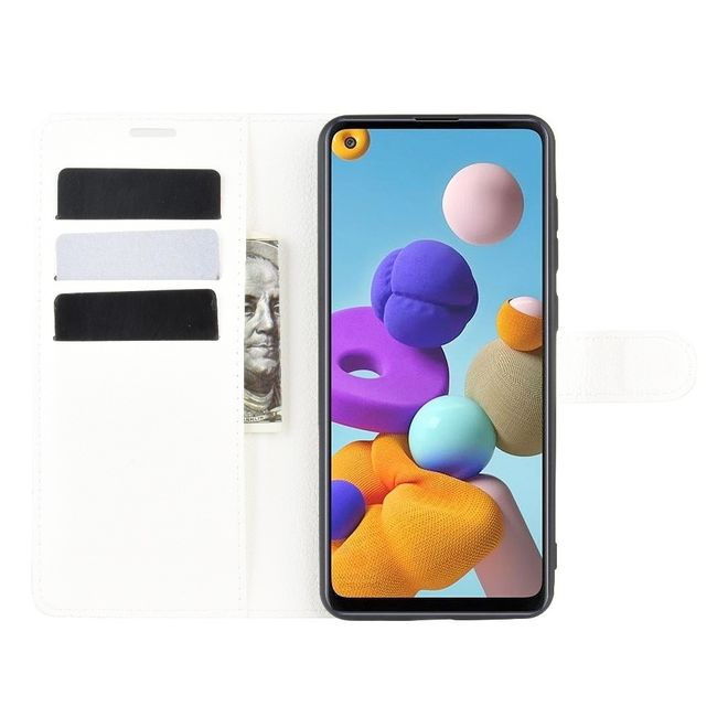 Samsung Galaxy A21s Handy Hülle - Litchi Leder Bookcover Series - weiss