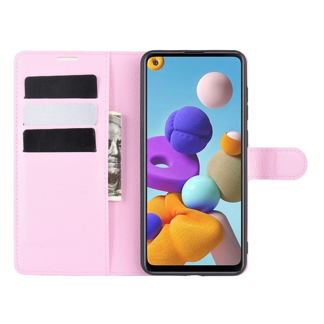 Samsung Galaxy A21s Handy Hülle - Litchi Leder Bookcover Series - pink