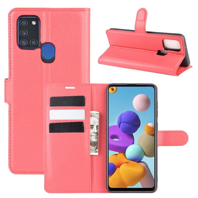 Samsung Galaxy A21s Handy Hülle - Litchi Leder Bookcover Series - rot