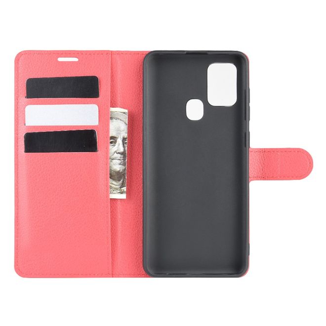 Samsung Galaxy A21s Handy Hülle - Litchi Leder Bookcover Series - rot