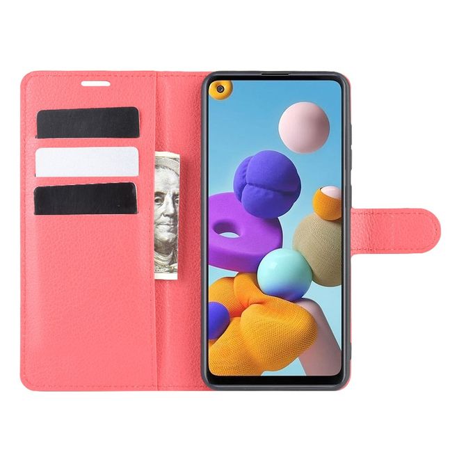Samsung Galaxy A21s Handy Hülle - Litchi Leder Bookcover Series - rot