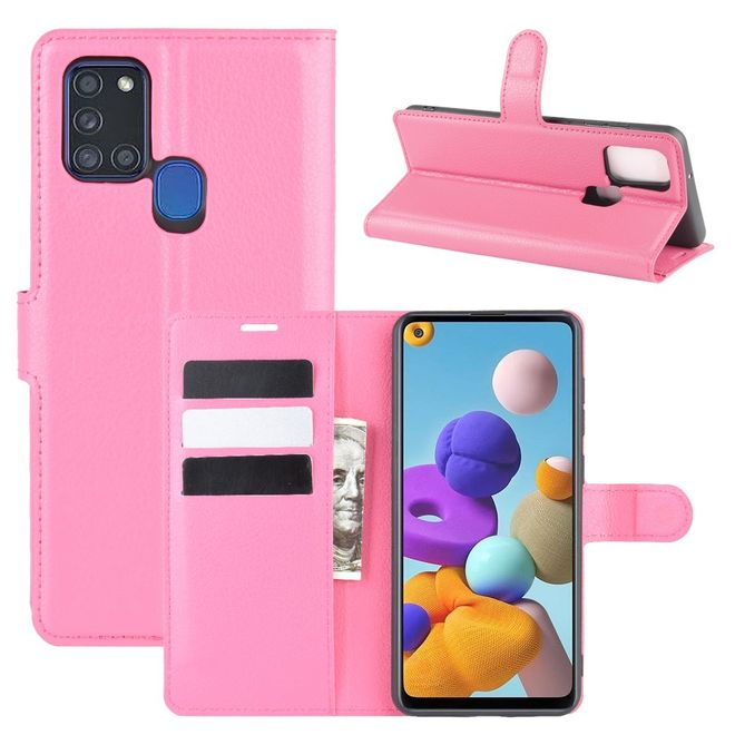 Samsung Galaxy A21s Handy Hülle - Litchi Leder Bookcover Series - rosa