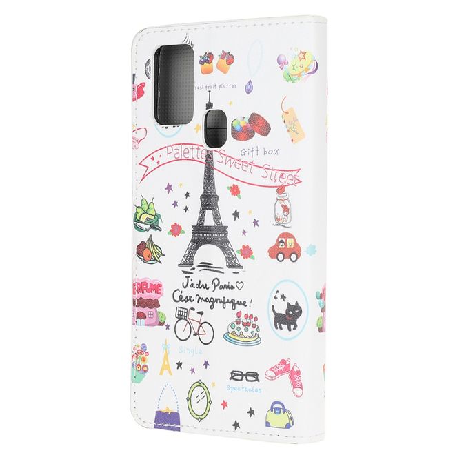 Samsung Galaxy A21s Handy Hülle - Leder Bookcover - mit Standfunktion - Eiffelturm und kleine Sujets