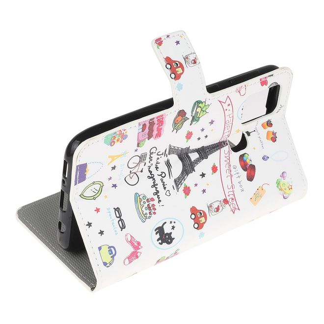 Samsung Galaxy A21s Handy Hülle - Leder Bookcover - mit Standfunktion - Eiffelturm und kleine Sujets