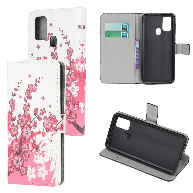 Samsung Galaxy A21s Handy Hülle - Leder Bookcover - mit Standfunktion - pinke Blumen