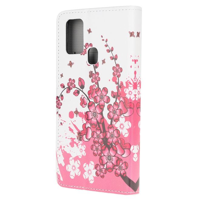 Samsung Galaxy A21s Handy Hülle - Leder Bookcover - mit Standfunktion - pinke Blumen