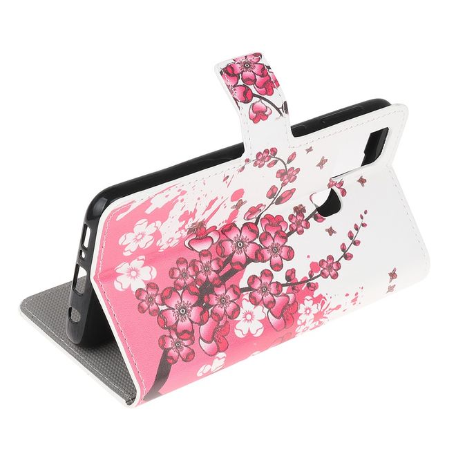 Samsung Galaxy A21s Handy Hülle - Leder Bookcover - mit Standfunktion - pinke Blumen