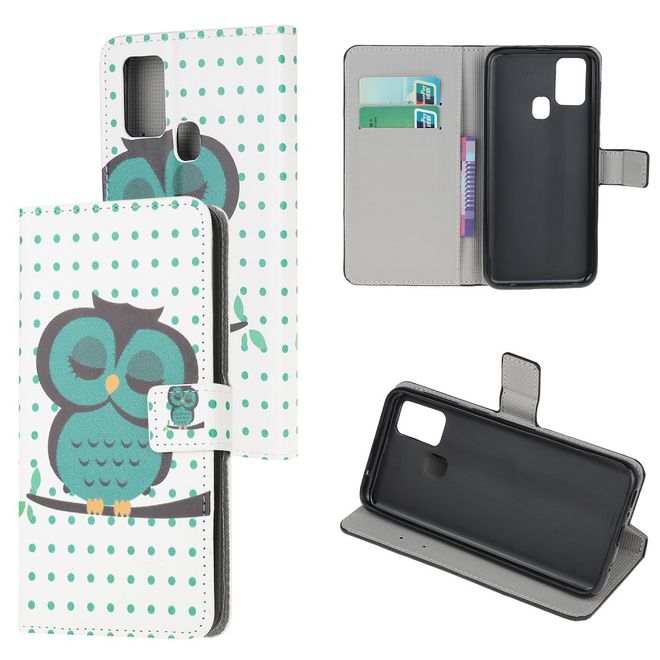 Huawei P smart 2020 Handy Hülle - Leder Bookcover - mit Standfunktion - grüne Eule