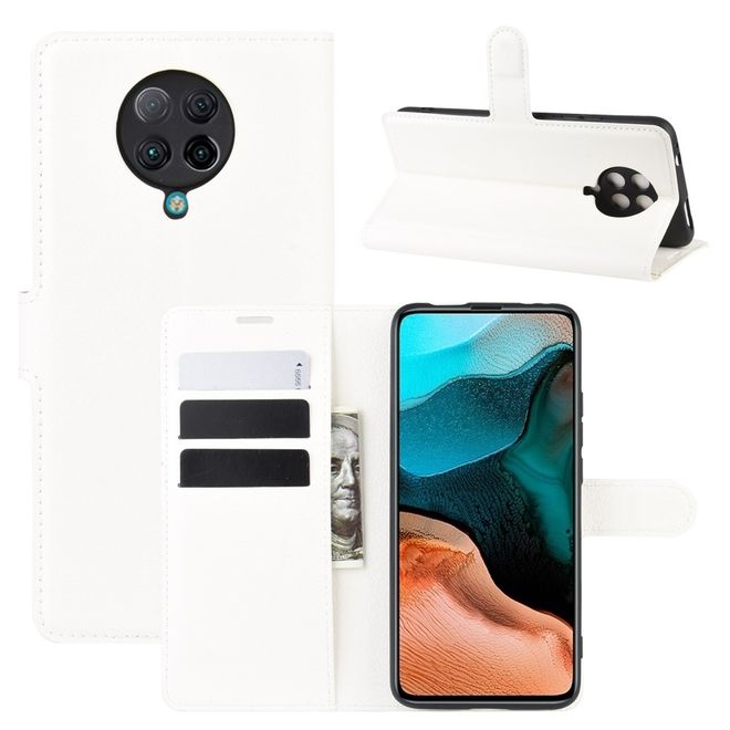 Xiaomi Poco F2 Pro Handy Hülle - Litchi Leder Bookcover Series - weiss