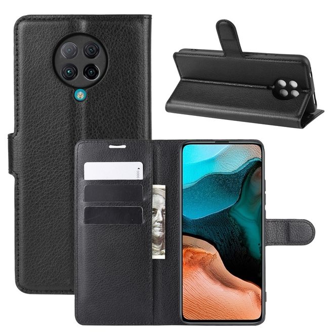 Xiaomi Poco F2 Pro Handy Hülle - Litchi Leder Bookcover Series - schwarz