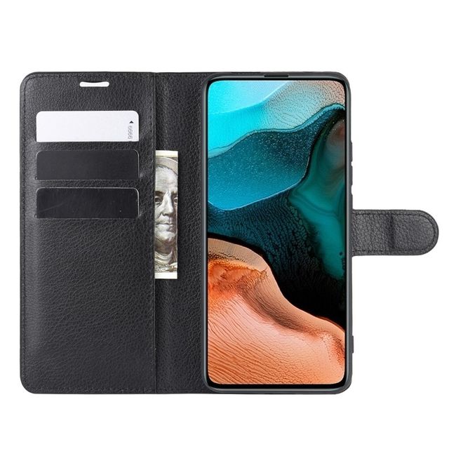 Xiaomi Poco F2 Pro Handy Hülle - Litchi Leder Bookcover Series - schwarz