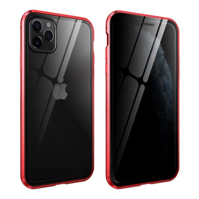 iPhone 11 Pro Max - Coque en aluminium avec verre trempé à 360° et technologie magnétique - Verre de confidentialité - Rouge