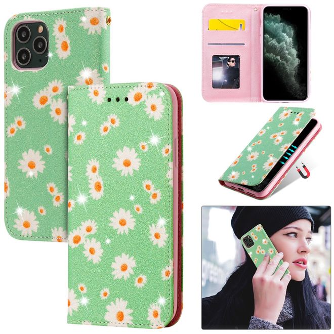 Étui pour iPhone 11 Pro - Couverture en cuir pailleté à motif floral - Vert