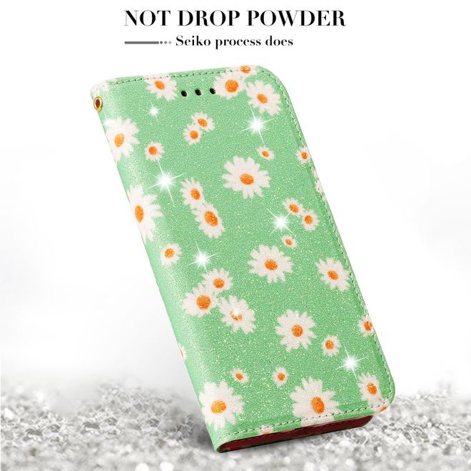 Étui pour iPhone 11 Pro - Couverture en cuir pailleté à motif floral - Vert