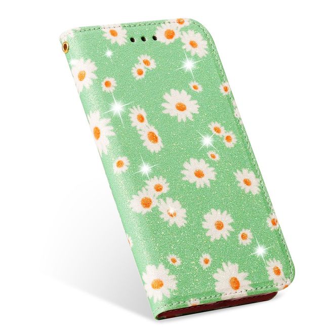 Étui pour iPhone 11 Pro - Couverture en cuir pailleté à motif floral - Vert