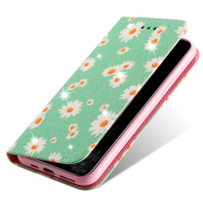 Étui pour iPhone 11 Pro - Couverture en cuir pailleté à motif floral - Vert