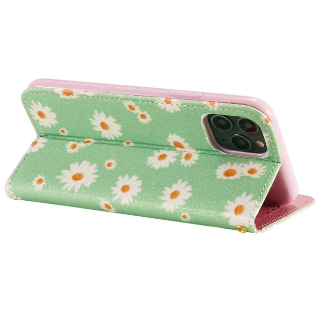 Étui pour iPhone 11 Pro - Couverture en cuir pailleté à motif floral - Vert
