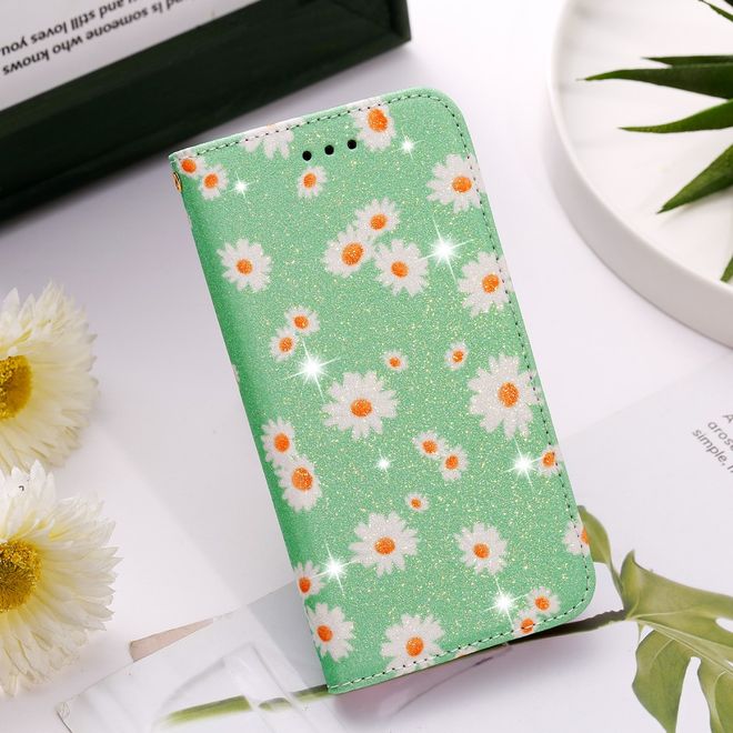 Étui pour iPhone 11 Pro - Couverture en cuir pailleté à motif floral - Vert